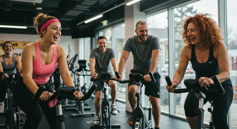 A group of diverse individuals smiling and engaging in a cycling session at a gym, showcasing fitness basics for health and wellness through positive and energised movement in a communal setting.