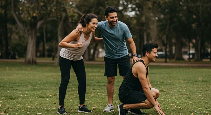 A group of three diverse individuals participating in an outdoor fitness activity, laughing and supporting each other. The scene reflects camaraderie and positivity, with trees and green space surrounding them, showcasing the power of social support in fitness and wellness.