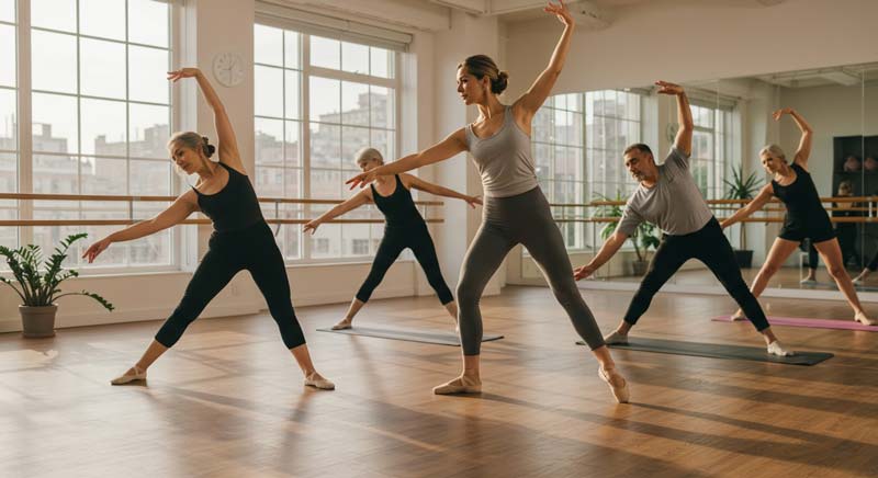 A diverse group of middle-aged and older adults participate in a structured fitness class inside a bright, modern studio. They move gracefully, following the instructor’s lead, focusing on flexibility, balance, and endurance. This setting highlights the importance of components of fitness for health and wellness, demonstrating that physical activity is essential at every stage of life.