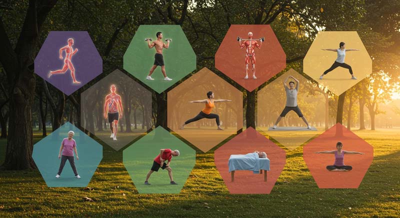A vibrant outdoor park scene divided into six connected hexagonal segments showcasing fitness basics for health and wellness. Each segment highlights runners with glowing cardiovascular systems, weight trainers with enhanced muscle definition, yoga practitioners showing flexibility, an elderly couple maintaining balance, a person sleeping peacefully, and a social group exercising together. The scene is unified by golden morning lighting and a sense of vitality.