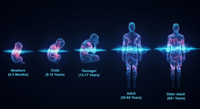 A surreal yet scientific visualisation of a human silhouette transitioning through five distinct life stages—newborn, child, teenager, adult, and older adult. Each stage is represented by swirling, ethereal wisps of blue and purple light that shift in intensity and length, symbolising changing sleep patterns. The newborn glows brightest with the longest sleep waves, while the older adult shows shorter, softer waves. Set against a deep blue night gradient with scattered stars, the image conveys the scientific and magical essence of sleep requirements change.