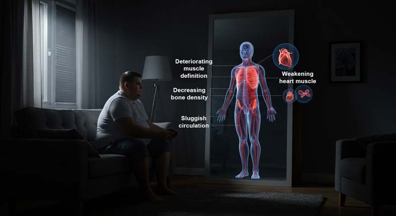 A person sits slouched on a sofa in a dimly lit living room, holding a gaming controller. Their reflection in a tall mirror reveals deteriorating posture, muscle definition, and anatomical overlays highlighting weakening heart muscle, reduced bone density, and poor circulation. The scene uses cinematic lighting and dramatic shadows to depict the effects of a sedentary lifestyle.