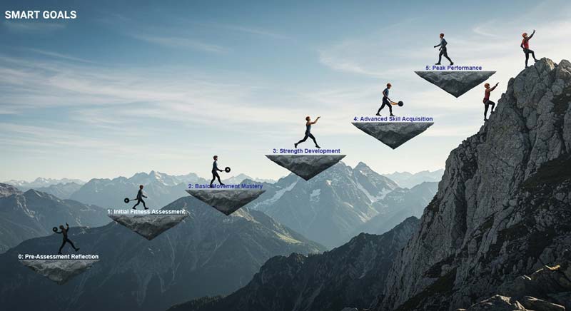 A mountain climbing scene showcasing five distinct plateaus, each representing a stage of progression in SMART goals. The athlete is shown climbing each plateau, starting with Pre-Assessment Reflection and advancing through each milestone, ending at Peak Performance. Fitness basics for health and wellness displayed as an athlete progresses through stages of SMART goals, from Pre-Assessment Reflection to Peak Performance.