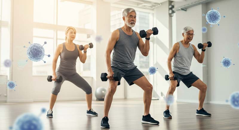 A diverse group of three individuals of different ages (50s, 60s, and 70s) training together in a bright, modern setting. Each person is performing a strength exercise with dumbbells, demonstrating perfect form and focus. Subtle blue cellular graphics float around them, symbolising the shared biological benefits of strength training and the rejuvenating effects it provides.