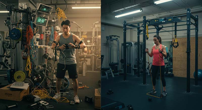 A side-by-side comparison of two different training approaches in a gym. On the left, a man is surrounded by a chaotic setup of fitness gadgets, tangled wires, and excessive tracking devices, looking frustrated and overwhelmed. On the right, a woman is performing a focused resistance band exercise in a clean, organised gym space, demonstrating a simple yet effective workout approach. The image humorously highlights the contrast between overcomplicated training methods and evidence-based fitness techniques.