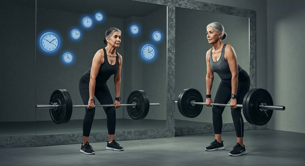 An Indian woman in her 60s performing a deadlift with confident form in front of a gym mirror, her reflection showing her younger self in her 30s performing the same movement. Blue-tinted clock faces float subtly in the background, symbolising how strength training makes you younger and emphasising the time-reversing effects of resistance training.