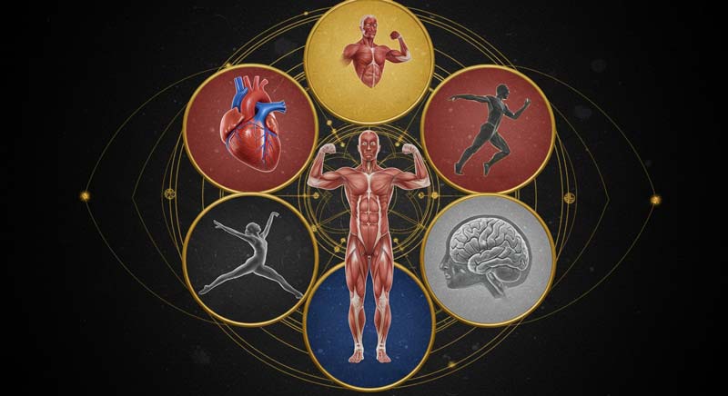 A sacred geometry-inspired mandala composition with six radiating sections surrounding a central human silhouette in anatomical proportion. Sections display a heart with visible blood flow, a flexing bicep, a runner, a dancer, a DEXA scan, and a brain with neural connections. Metallic gold lines connect all elements in a unified, elegant design.