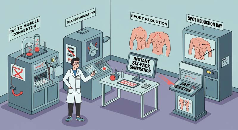 A fictional laboratory scene showcasing exaggerated fitness myths. A scientist in a white coat proudly presents bizarre machines, including a "Fat to Muscles Converter," an "Instant Six-Pack Generator," and a "Spot Reduction Ray," all claiming to achieve impossible body transformations. The humorous setup highlights the absurdity of exercise and fitness myths, emphasizing the misleading nature of spot reduction and instant muscle gain.