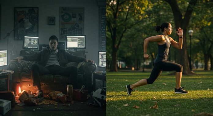 A split image showing the health risks of a sedentary lifestyle. On the left, a man sits on a cluttered couch in a dimly lit room surrounded by computer screens and junk food, reflecting inactivity. On the right, a woman runs energetically in a bright, sunny park, symbolising the benefits of an active lifestyle.