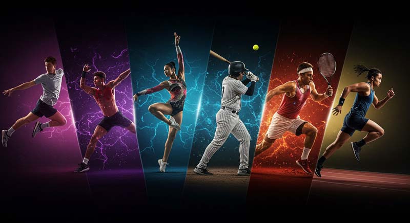 A dynamic split-screen composition showing six athletes in action, each representing a different skill-related fitness component: agility, balance, coordination, power, reaction time, and speed. The sections are connected by glowing neural pathway effects and illuminated with cyberpunk-style lighting.
