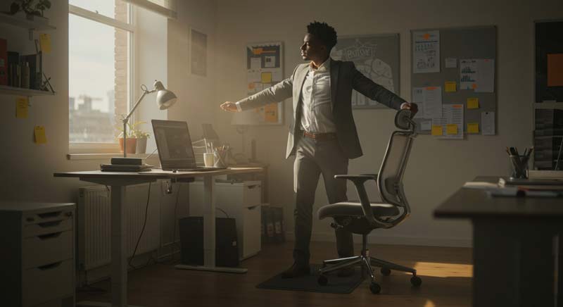 A mixed-race male professional standing up from an ergonomic chair in a well-lit office, stretching with purpose as natural light streams through the window. Subtle details like a standing desk and organised workspace suggest a conscious shift towards reducing prolonged sitting and addressing how daily sitting threatens heart health.