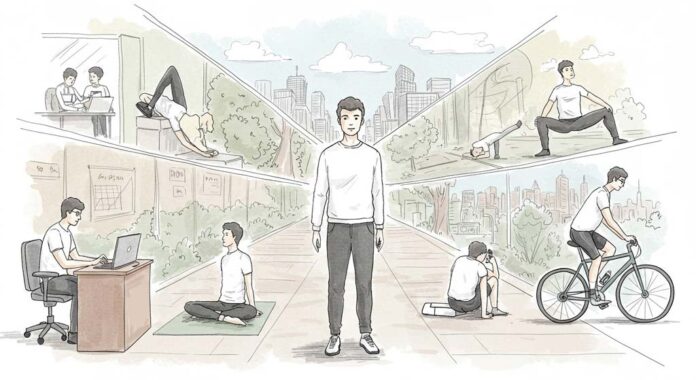 A visually engaging sketch of a single man standing at the centre of a bustling urban setting, surrounded by layered vignettes illustrating the evolving exercise habits of the same man. One vignette shows him seated at a desk as a sedentary office worker, another depicts him trying his first yoga class with curiosity, and a third highlights him cycling confidently through a vibrant cityscape. The vignettes blend seamlessly around the central figure, emphasising his journey through personal motivation, environmental changes, and life stages, capturing the theme of why people change their exercise habits.