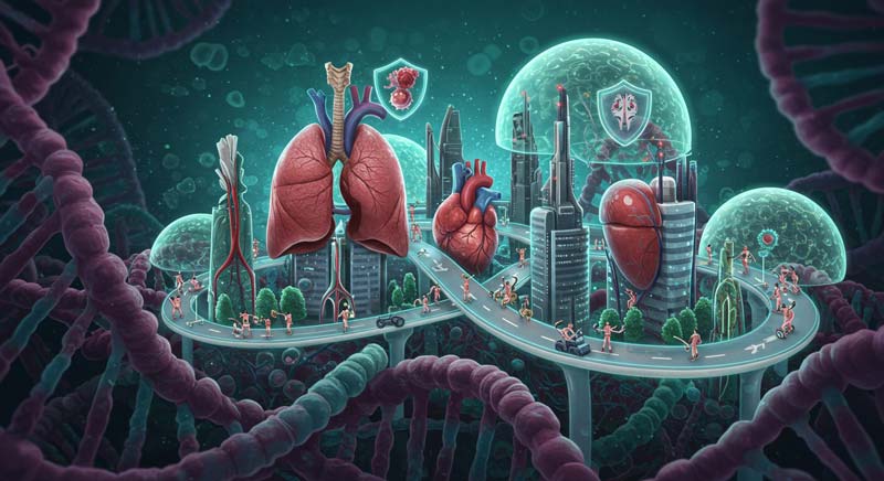 A surreal, artistic representation of the human body as a futuristic city. Buildings shaped like hearts, lungs, and muscles rise from a foundation of DNA strands. Tiny figures engage in different exercises along highways that look like blood vessels, glowing with blue-white energy. Shield-like protective domes cover parts of the city, symbolising disease prevention. The scene is illuminated by a mix of bioluminescent colours—teals, purples, and gentle golds—creating a sense of scientific wonder and protection.