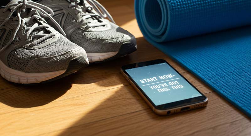 A pair of untied running shoes sits next to a neatly rolled yoga mat on a wooden floor, illuminated by soft natural light. A smartphone screen displays the message “Start now – you’ve got this,” symbolising the internal shift from hesitation to action. The composition captures the subtle but powerful moment where personal belief and confidence push someone to take the first step toward exercise.