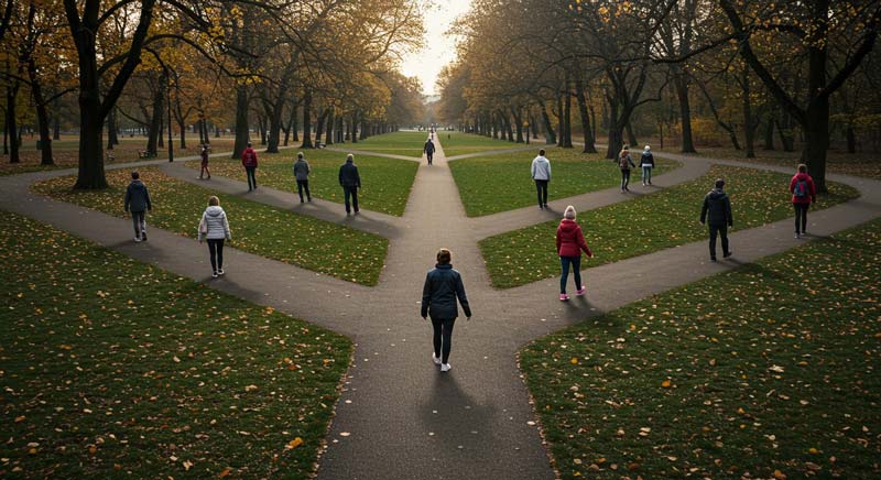 A wide park setting with multiple pathways branching out in different directions. People of various ages and backgrounds are walking along different paths, each choosing their own route. The scene represents the diverse reasons why people change their exercise habits, influenced by external pressures and personal choices. The open paths and movement symbolise the transition from old routines to new commitments, visually capturing why people change their exercise habits.