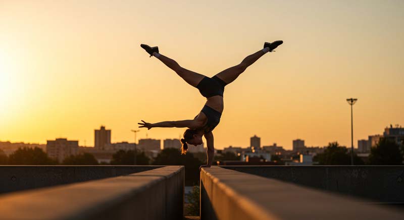 A female parkour athlete holds a single-arm handstand on a narrow concrete ledge at golden hour, demonstrating exceptional balance and control.