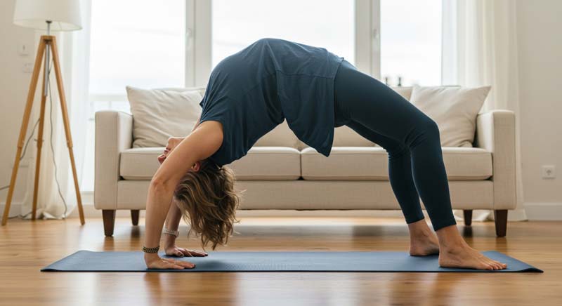A woman in a bridge yoga pose on a mat in a living room setting, showcasing fitness basics for health and wellness. The room features soft, natural light and a cozy, modern design with a sofa and a standing lamp in the background.