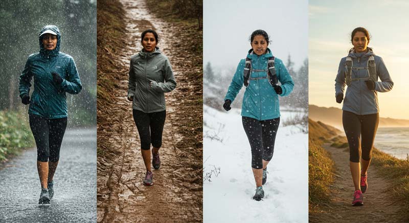 A 40-year-old Indian woman’s unwavering commitment to making exercise a daily habit is captured through four images, each showing her jogging in different conditions—rain, mud, snow, and a coastal sunrise. Her resilience across varied challenges highlights adaptability, persistence, and the power of daily fitness routines. This image reinforces the mindset needed to sustain an active lifestyle and make exercise a daily habit, no matter the circumstances.