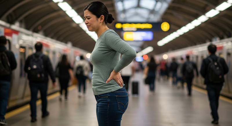A woman standing on a busy train platform, visibly experiencing back pain due to tight hip flexors, highlighting the impact of poor posture and muscle stiffness in daily life.