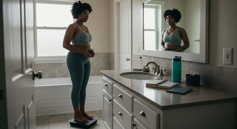 A black woman stands on a bathroom scale, looking straight ahead into the mirror with a small smile of determination. Dressed in workout clothes, her posture exudes confidence rather than defeat. On the bathroom counter, a food journal, water bottle, and fitness tracker reflect her sustainable approach to wellness. Natural morning light streams through a frosted window, creating a calm, hopeful atmosphere that highlights the importance of daily, consistent choices over dramatic transformations.