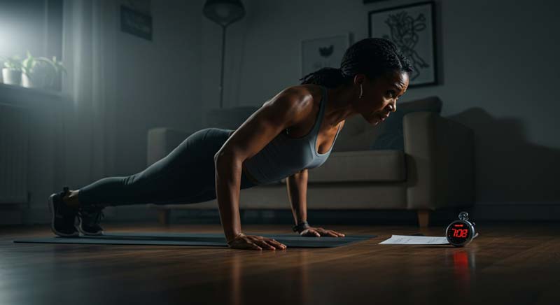 A black lady in athletic wear performs a push-up in a dimly lit home environment, maintaining a strong and controlled posture. A digital timer on the floor tracks her progress, and a neatly placed workout plan is visible beside it. The warm lighting highlights her toned physique and determination, creating an atmosphere of focus and commitment.