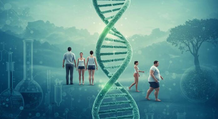 A conceptual illustration of how genetic influences on weight loss shape body composition. A large DNA helix dominates the scene, symbolising genetic predisposition. On one side, individuals with lean physiques stand confidently, while on the other, individuals with larger body types walk forward. The background blends scientific elements like test tubes and molecular structures with natural scenery, highlighting the intersection of genetics and environment in weight management.