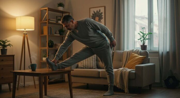 A middle-aged man in loungewear performs a hamstring stretch at home, placing one foot on a table while reaching toward it. The living room is softly lit, with a cosy sofa, bookshelf, and warm lighting creating a relaxed atmosphere. Hamstring flexibility is the focus of this movement.