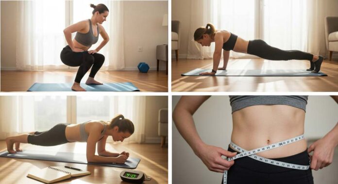 A woman performs a series of simple fitness tests in a bright home setting, demonstrating squats, push-ups, and planks on a yoga mat. A stopwatch and notebook are placed nearby for tracking progress, while another close-up shot shows her measuring her waist. These simple fitness tests provide a structured way to assess strength, endurance, and flexibility at home.