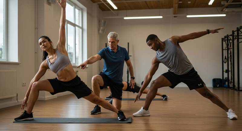 A professional trainer guides two athletes of different body types through a side lunge exercise in a bright, modern fitness studio.