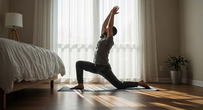 A man practising a lunge stretch on a yoga mat in a sunlit bedroom, focusing on mobility and self-care.