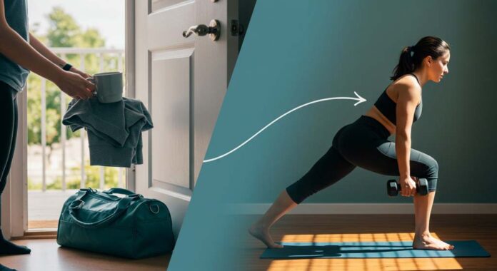 A visually split concept showing the transition from morning preparation to active exercise, symbolising how small habits lead to consistent fitness. On the left, a person holds a cup of coffee and gym clothes at their doorstep, with a gym bag on the floor, representing preparation. On the right, a woman in athletic wear performs a weighted lunge in a bright indoor space, highlighting the execution of the habit. This image perfectly illustrates how to make exercise a daily habit by linking preparation to consistent action.