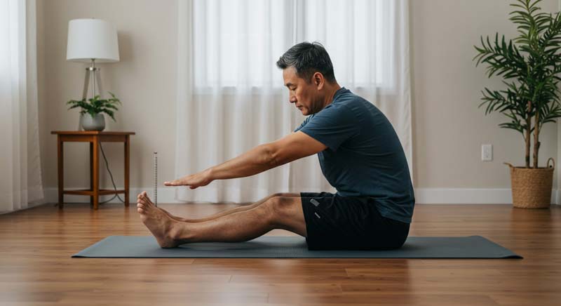 A manmiddle-aged Asian man sits on a yoga mat in a bright, minimalistic home setting, extending his arms forward to perform a sit-and-reach test. A ruler stands upright near his feet to measure his flexibility. This simple fitness test helps track mobility and flexibility progress over time, providing a structured way to assess physical well-being.