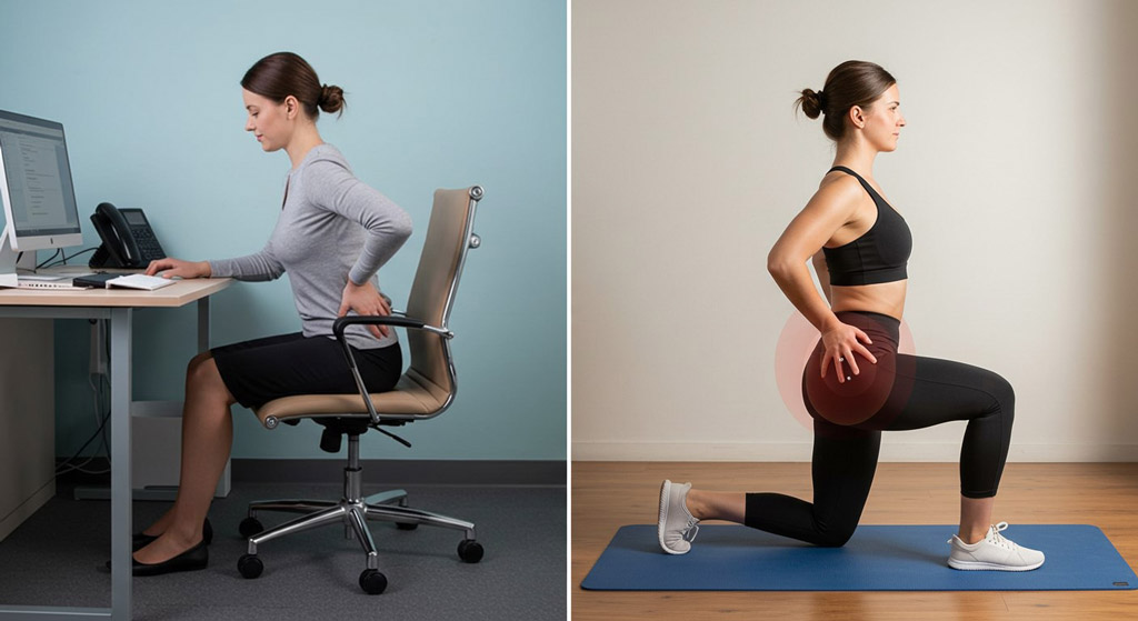 A side-by-side comparison showing a woman experiencing back pain while sitting and performing a lunge stretch to alleviate tight hip flexors, demonstrating the benefits of mobility exercises.