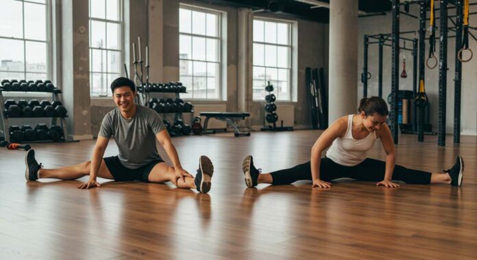 Two people demonstrating different flexibility limits in a gym - a man achieving a full split while a woman works within her natural range, illustrating individual body differences.