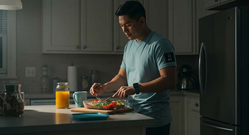 A Native American man prepares a balanced meal in a softly lit kitchen, his smartwatch subtly glowing as he focuses on fresh vegetables and lean protein. The calm atmosphere reflects a structured evening routine, highlighting how regular sleep patterns prevent metabolic disruptions and support long-term health.