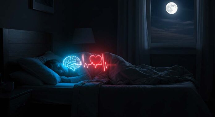 A peaceful sleeper lies in a dimly lit bedroom under the soft glow of moonlight streaming through a window. Ethereal neon-style overlays of a brain and heart with an ECG line hover above them, symbolising the physiological benefits of sleep. This visual representation highlights how regular sleep patterns prevent disruptions to brain function and cardiovascular health.