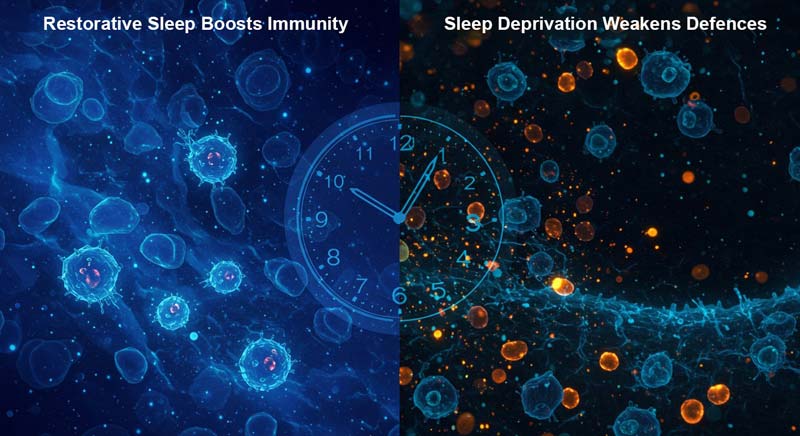 A striking split-image visualisation of immune activity during sleep cycles. On the left, glowing blue natural killer cells move actively through healthy tissue, representing a strong immune response during restful sleep. On the right, under disrupted sleep conditions, immune cells appear sparse and dim, surrounded by an unsettling orange-tinged environment, illustrating weakened cellular defence. A subtle clock face bridges both sides, highlighting the importance of sleep timing in immune regulation.