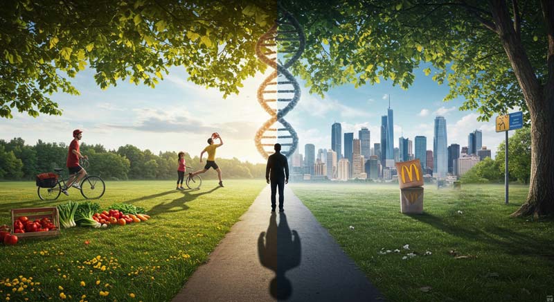 A symbolic scene illustrating how genetic influences on weight loss shape lifestyle decisions. A person stands at a fork in the path, with one side leading to a vibrant, healthy environment filled with fresh produce, cycling, and outdoor exercise, while the other side leads to a cityscape with fast food, pollution, and sedentary habits. A DNA helix rises in the middle, representing the interplay between genetics and personal choices in weight management.