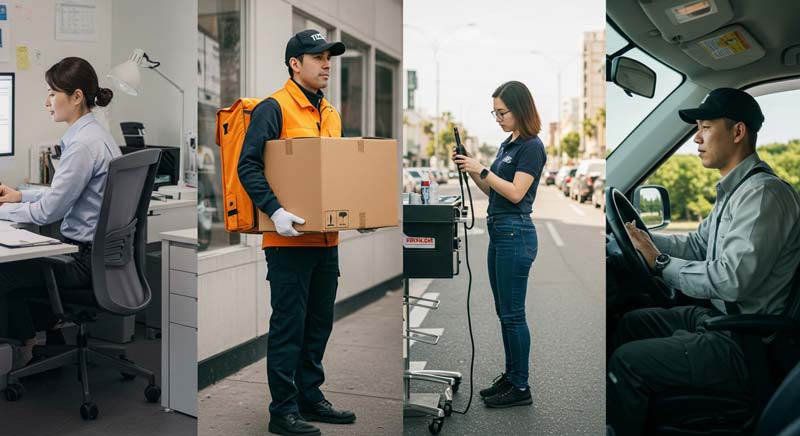 A collage of professionals engaged in office work, delivery services, street vending, and driving, demonstrating the importance of posture and managing tight hip flexors in everyday tasks.