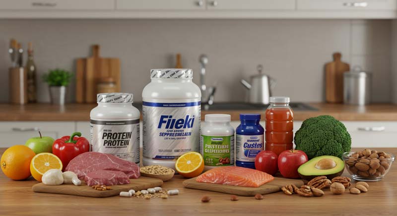 Realistic image of a kitchen countertop displaying supplement containers alongside fresh whole foods, highlighting the balance between supplements and whole foods in nutrition for health and performance.