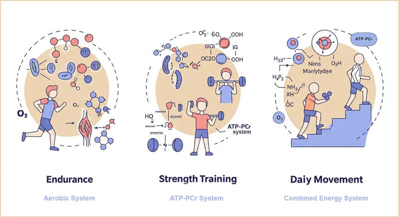 Illustration showing three exercise types (endurance, strength training, daily movement), highlighting how nutrition for health and performance supports the aerobic, ATP-PCr, and combined energy systems.