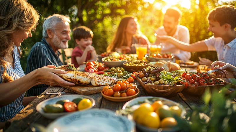 A Mediterranean family of multiple generations gathers around a rustic wooden table, enjoying a meal rich in fresh, colourful ingredients. Golden sunlight filters through lush greenery as family members laugh, share dishes, and connect over food. This warm setting highlights the importance of good nutrition in fostering health and togetherness.