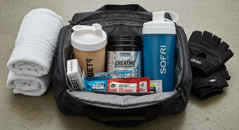 Realistic image of an athlete's gym bag neatly organised with supplements, shaker bottles, creatine, electrolyte packets, alongside a towel and gym gloves, representing preparation for a workout.