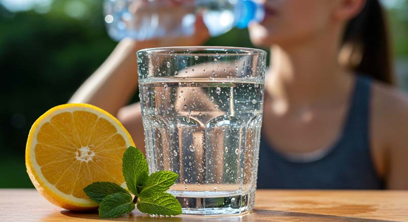 A close-up of a refreshing glass of water with lemon and mint leaves, emphasising the importance of hydration in nutrition for health and performance.