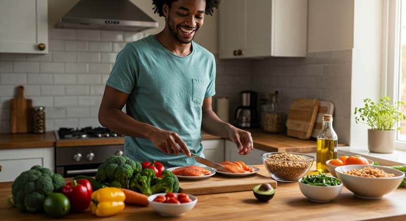 A vibrant, naturally lit kitchen scene featuring a smiling, energetic Black male preparing a balanced meal, demonstrating the importance of nutrition for health and performance.