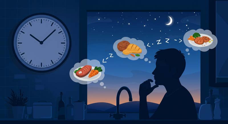 Illustration of a twilight kitchen scene showing a person contemplating healthier versus heavier food options at night, highlighting the relationship between late-night eating and sleep quality.