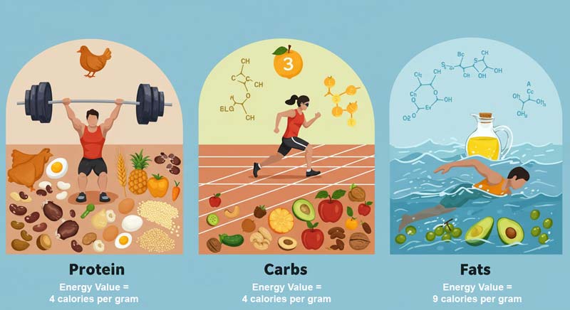 An infographic depicting three athletes each representing a macronutrient group (protein, carbohydrates, fats), highlighting their food sources, energy values, and roles in supporting athletic performance.