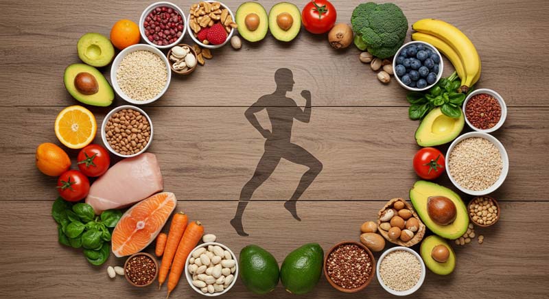Arrangement of nutritious foods surrounding a running figure, representing macronutrients supporting energy and performance.