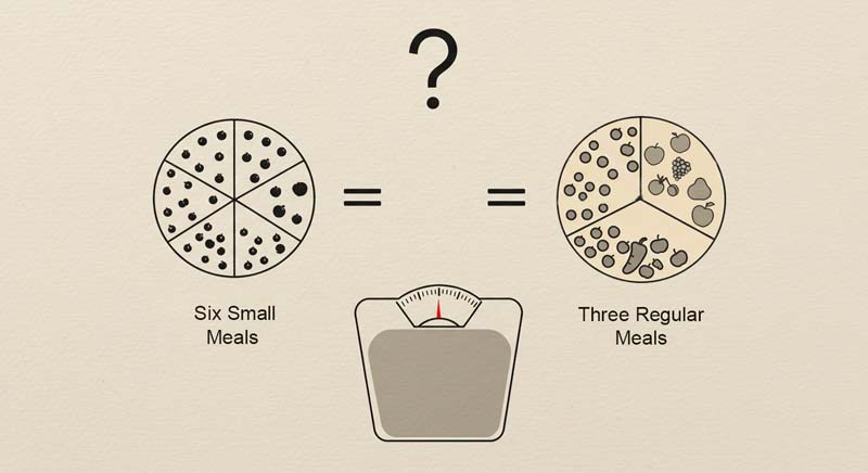 Simple infographic with a bathroom scale and two meal patterns—six small meals versus three regular meals—illustrating how nutrition for health and performance relates to meal frequency and weight management.