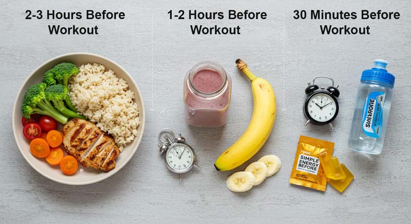 An organised visual of pre-workout meal options clearly labelled by timing: a balanced meal for 2-3 hours prior, a smoothie and banana for 1-2 hours before, and energy gel with water 30 minutes before exercising.